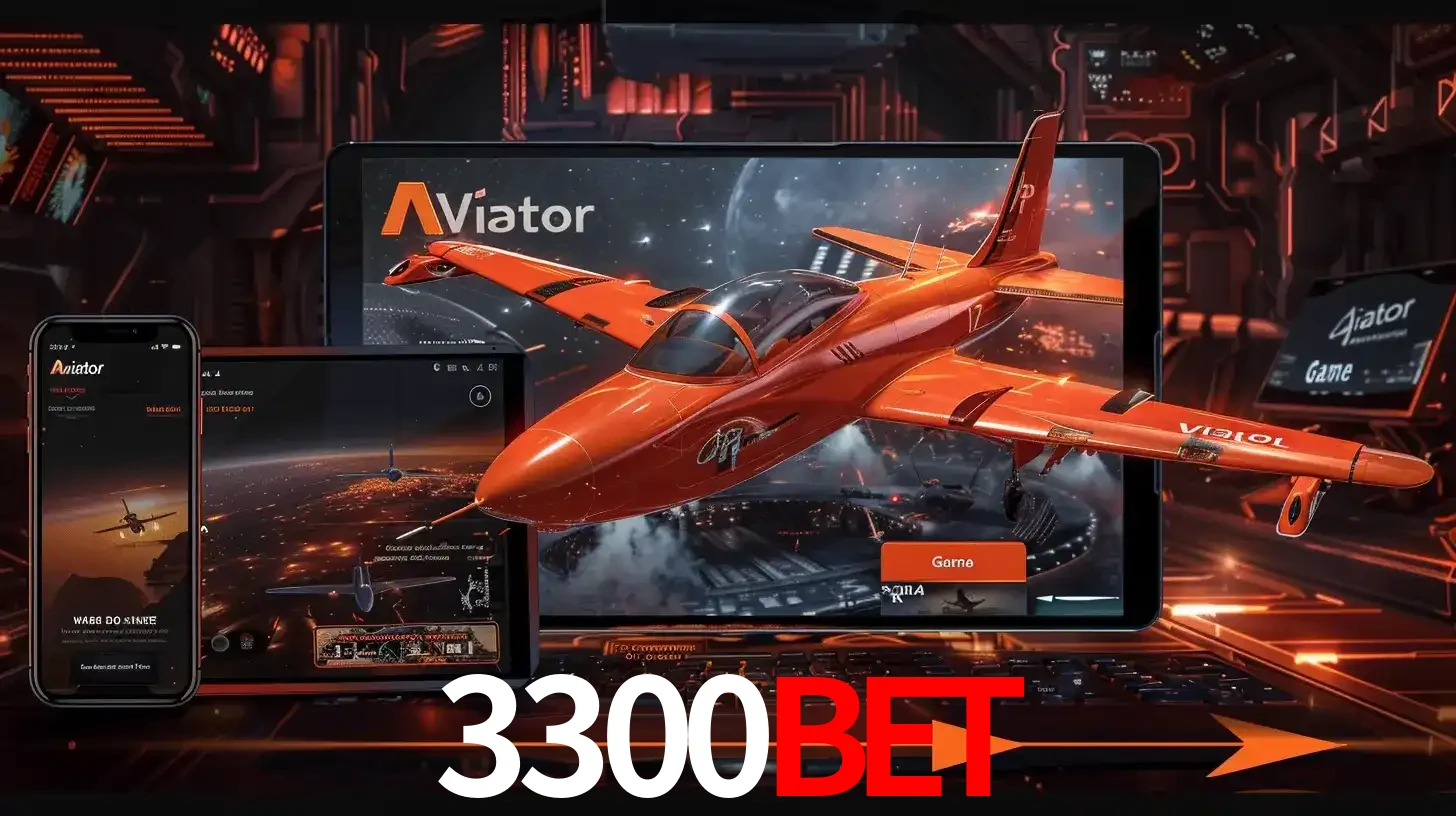 Apresentação tecnológica do jogo Aviator com um avião saindo da tela de um tablet, demonstrando a experiência imersiva em múltiplos dispositivos no 3300BET.