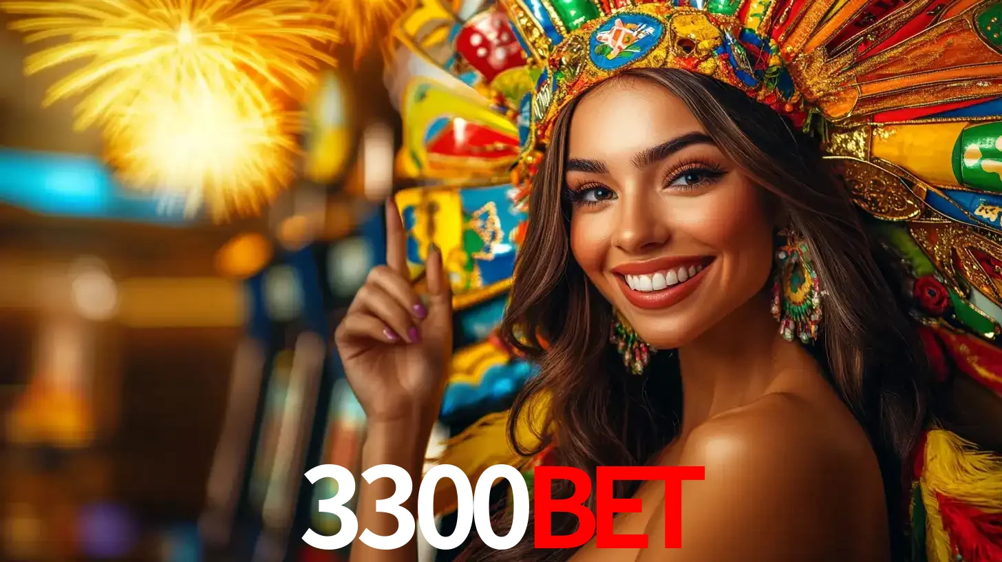 Mulher sorridente com um cocar de carnaval vibrante e colorido, celebrando uma grande vitória nos jogos do cassino 3300BET com fogos de artifício ao fundo.