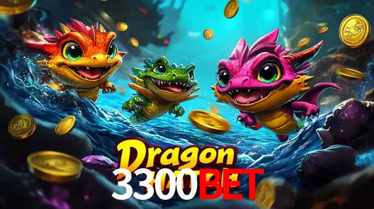 Arte promocional do jogo Dragon Hatch com três adoráveis dragões bebês nadando entre moedas de ouro, um dos slots mais divertidos para jogar no cassino 3300BET.