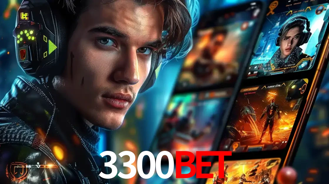 Jovem jogador com fones de ouvido olhando para a câmera, com um aplicativo de jogos e e-sports para celular ao fundo, pronto para a competição e apostas no 3300BET.