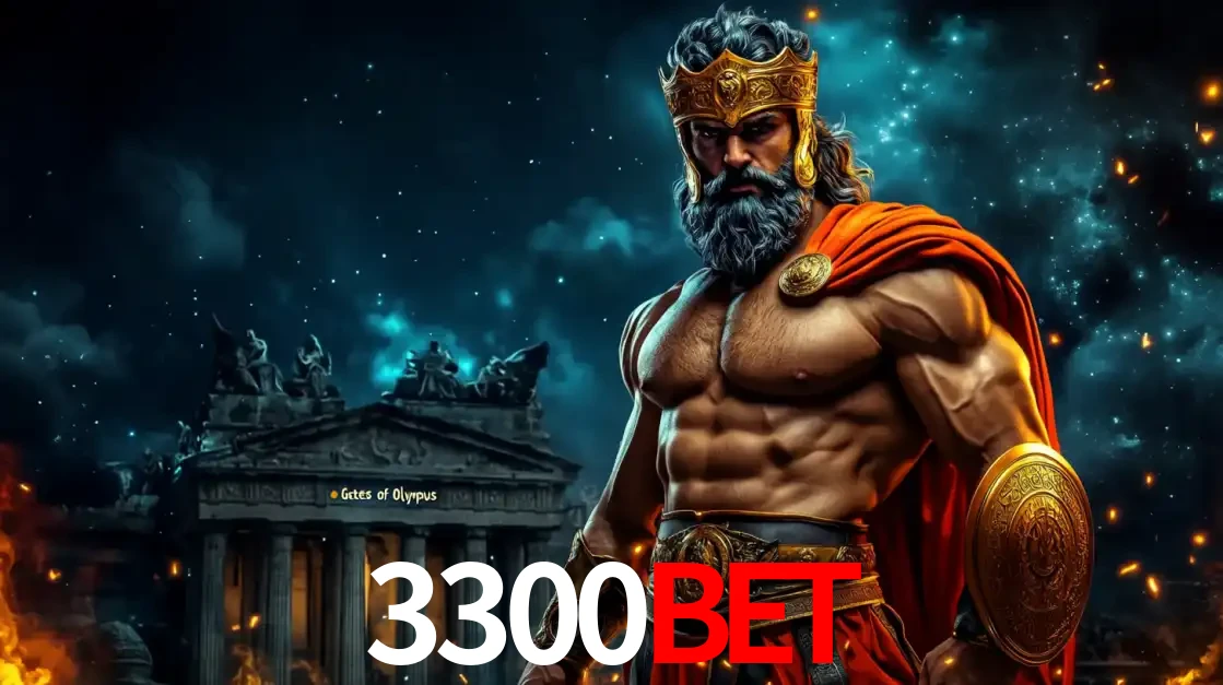 O poderoso Zeus do jogo de slot Gates of Olympus em frente ao seu templo, pronto para lançar multiplicadores divinos e prêmios épicos no cassino online 3300BET.