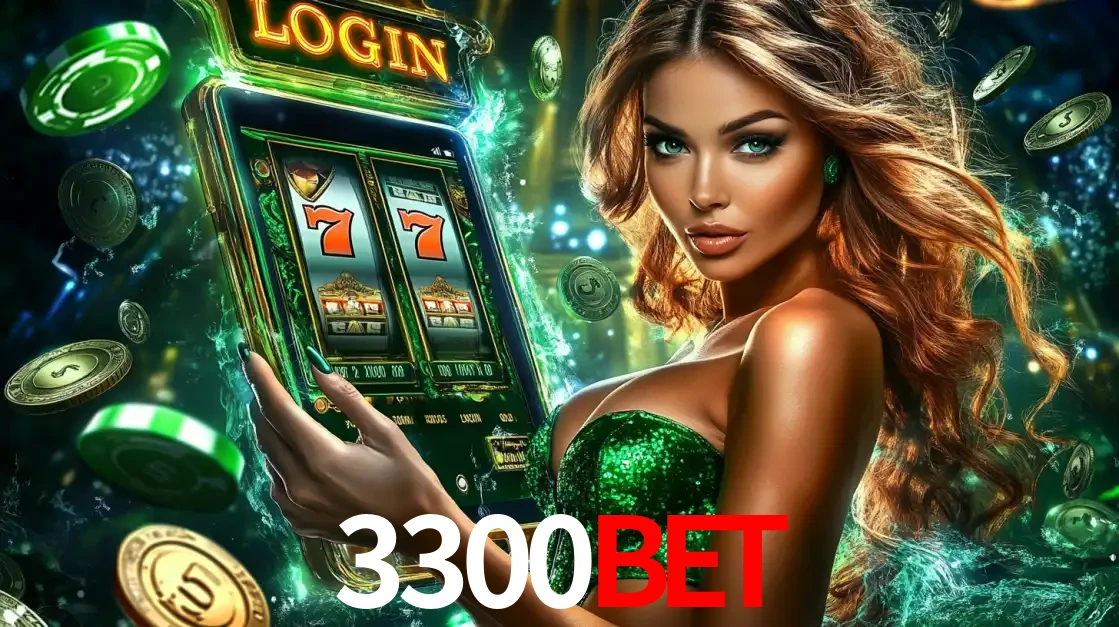 Mulher com tema verde apresentando o aplicativo do cassino 3300BET com um jogo de slot de 777, cercada por fichas de cassino e uma aura de sorte.