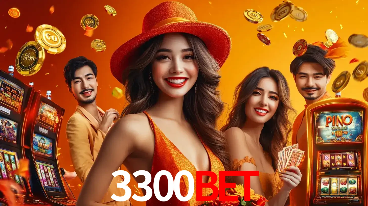 Grupo de amigos asiáticos sorrindo e se divertindo com máquinas de caça-níqueis em um ambiente festivo, celebrando suas vitórias nos jogos de cassino do 3300BET.