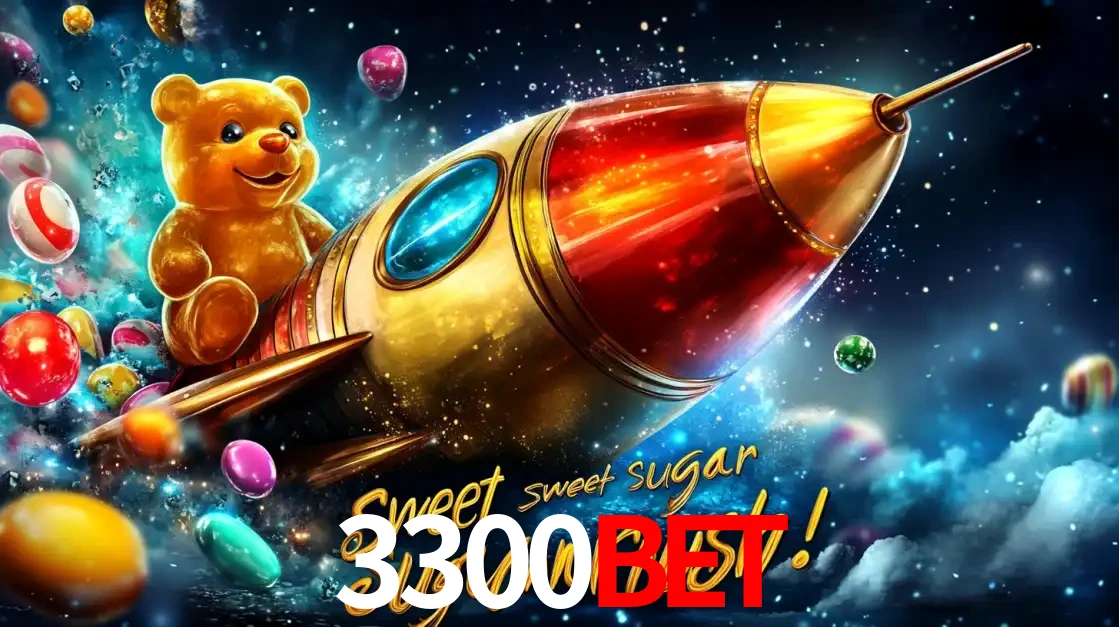 Arte promocional do jogo de slot Sugar Rush, com um urso de pelúcia em um foguete viajando pelo espaço de doces, um dos jogos divertidos disponíveis no cassino 3300BET.