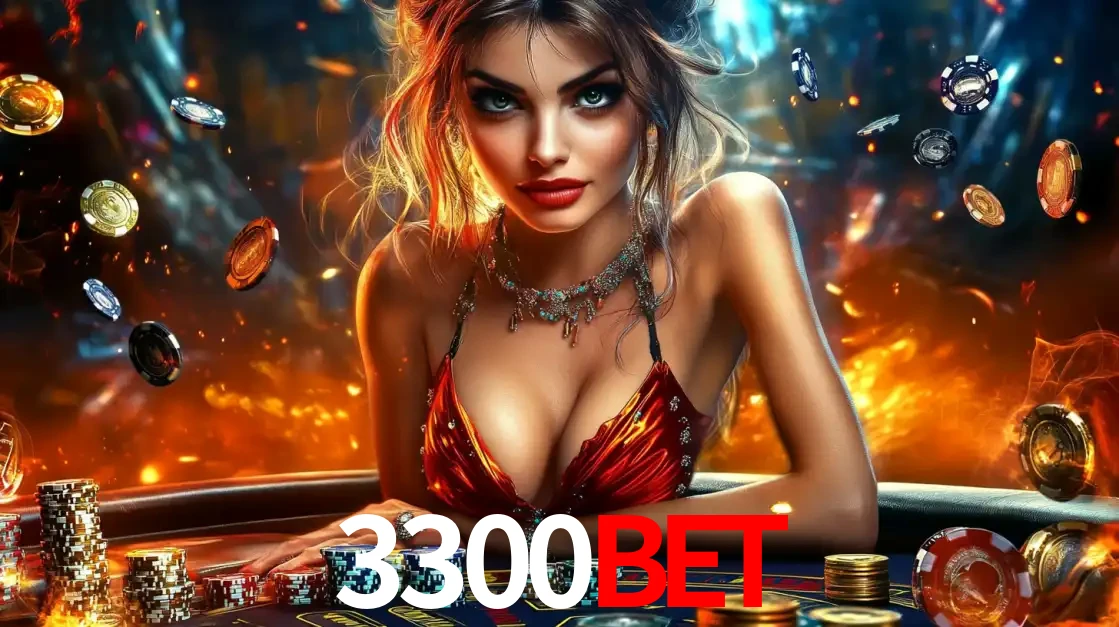 Mulher em uma mesa de cassino com pilhas de fichas e um fundo de fogo, pronta para uma rodada de altas apostas nos jogos de mesa emocionantes do cassino 3300BET.