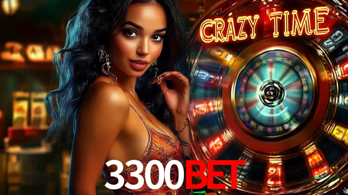 Mulher elegante ao lado da vibrante roda da fortuna do jogo de cassino ao vivo Crazy Time, um dos game shows mais populares e cheios de prêmios do 3300BET.