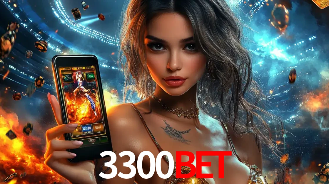Mulher segurando um celular com um jogo de slot em destaque, tendo como fundo um estádio vibrante, simbolizando a emoção de jogar no cassino móvel 3300BET.
