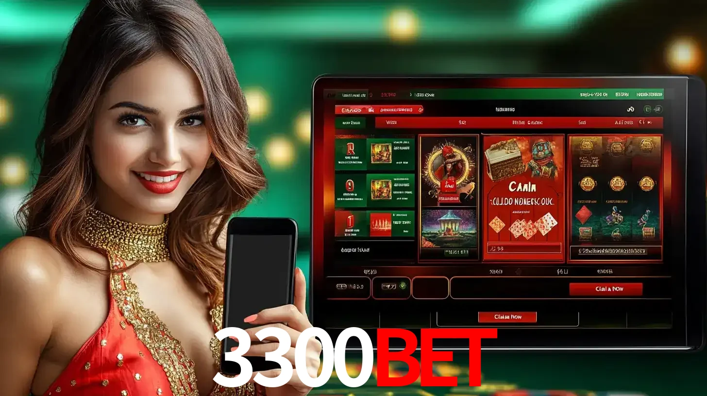 Mulher sorridente segurando um smartphone, ao lado de uma tela exibindo o lobby de jogos do cassino online 3300BET, com várias opções de jogos de cartas e slots.